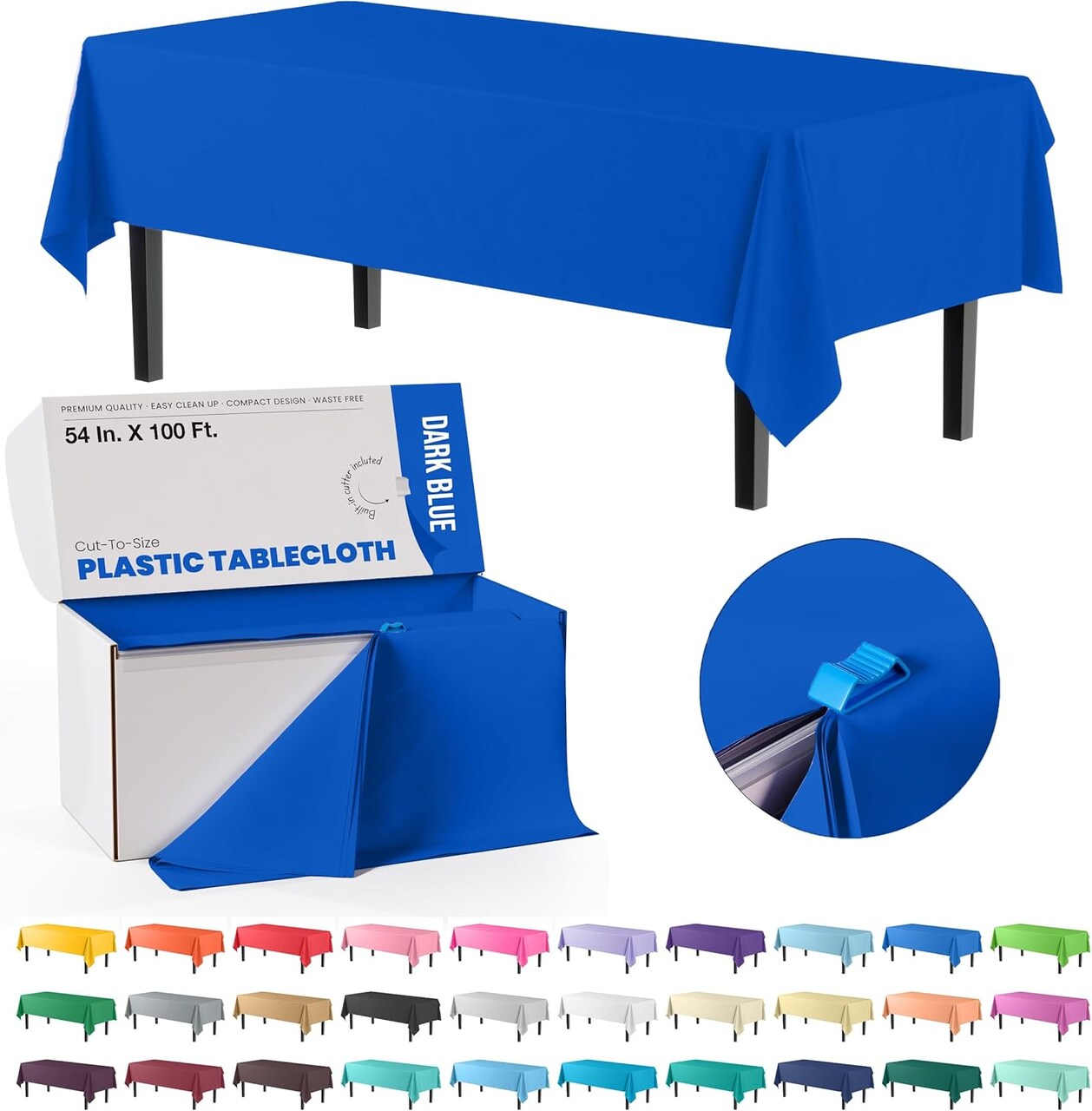Exquisite Party Solids 54" x 100' Plastic Table Cover Roll with Slide Cutter – Cut-to-Size Dispenser Box – Makes Up to 12 Disposable 8' Rectangle Tablecloths